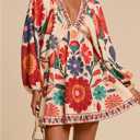 RoseSeek Women's Boho Floral V Neck Mini Dress Bishop Sleeve Tropical Dress (L)