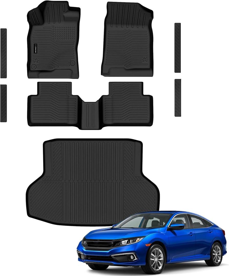 AUXKO Floor Mats Cargo Mat Door Sill for Honda Civic Sedan 2016-2021 | High Wall,All-Weather,All Season,Odorless,Anti Slip,Rain&Salt Resistant,TPE Material,Black,Accessories,Pet Friendly