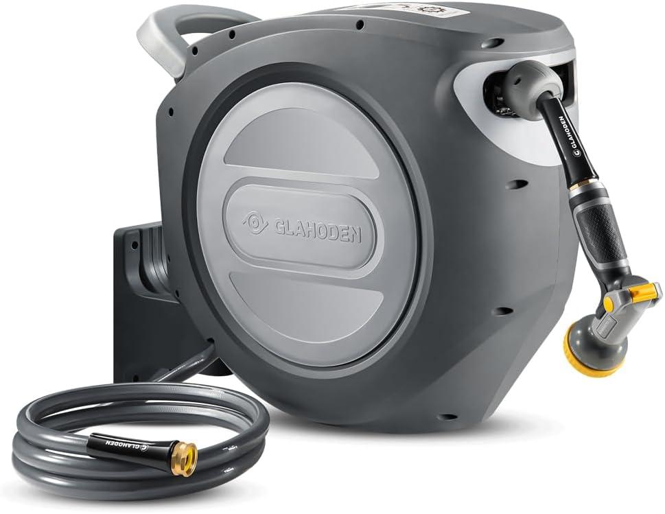 GLAHODEN Retractable Garden Hose Reel 5/8 in x 100 ft Metal Bracket, 2025 Upgraded Dual Ratchet Lock UV & Freeze Protection Brass Seal Slow Retraction Anti-Tangle Hose 180Swivel