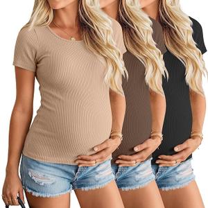 Neer 3 Pack Women's Ribbed Maternity Tops Pregnancy Round Neck Shirts Short Sleeve Soft Maternity Clothes for Mama(Khaki, Coffee, Black,Medium)