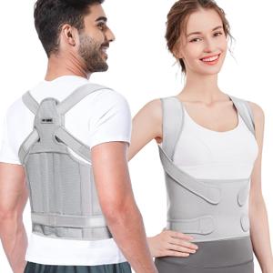 Fit Geno Back Brace Posture Corrector for Men & Women: Shoulder Straightener Adjustable Full Back Support Pain Relief - Scoliosis Hunchback Spine Corrector (Large) (Gray)