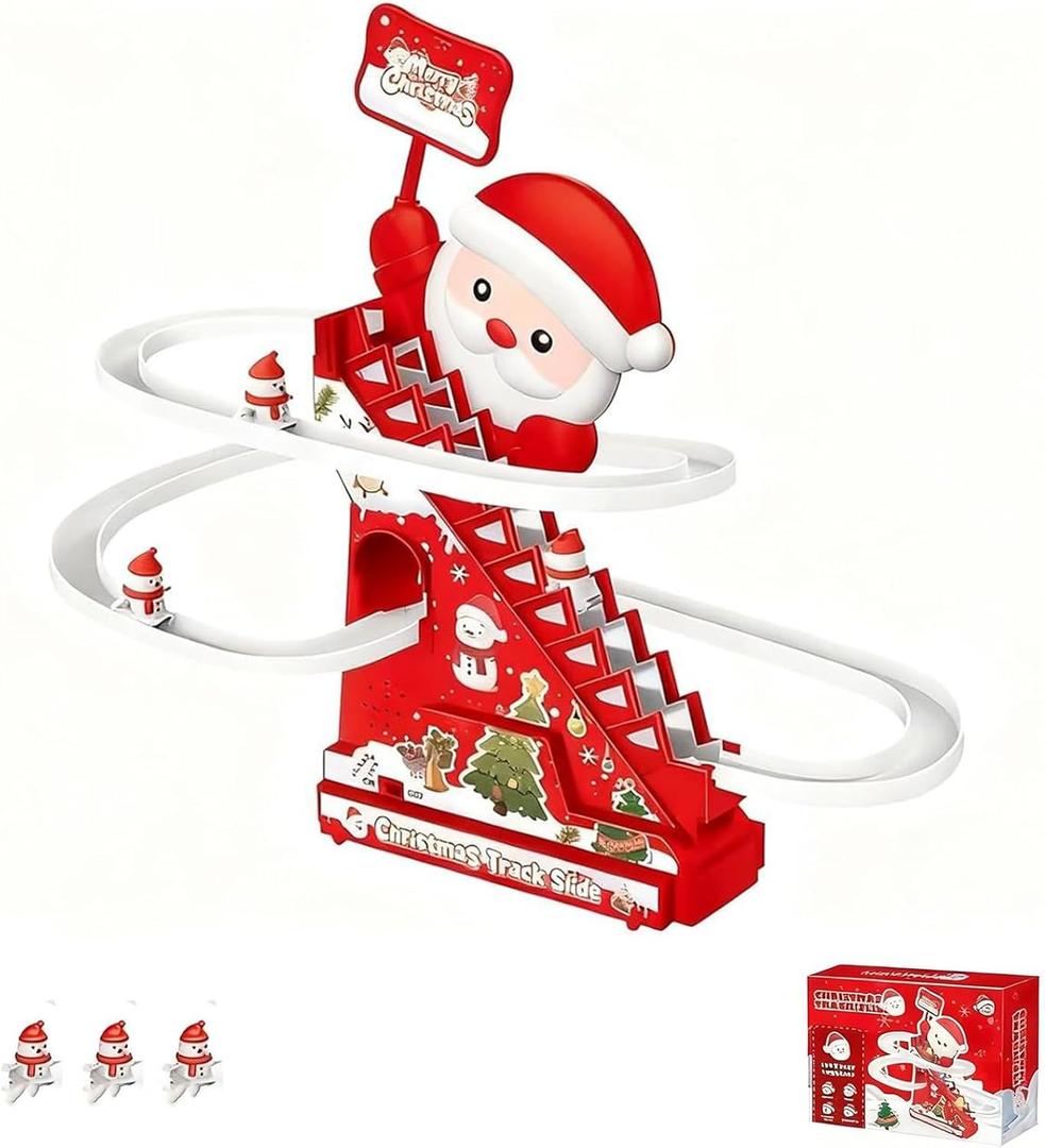 Christmas Tree Ski Slope - Automatic Animated Santa Climbing Stairs Track with LED Light, 3 or 5 Characters Christmas Indoor Playset for Tabletop & Under Tree (1PC)