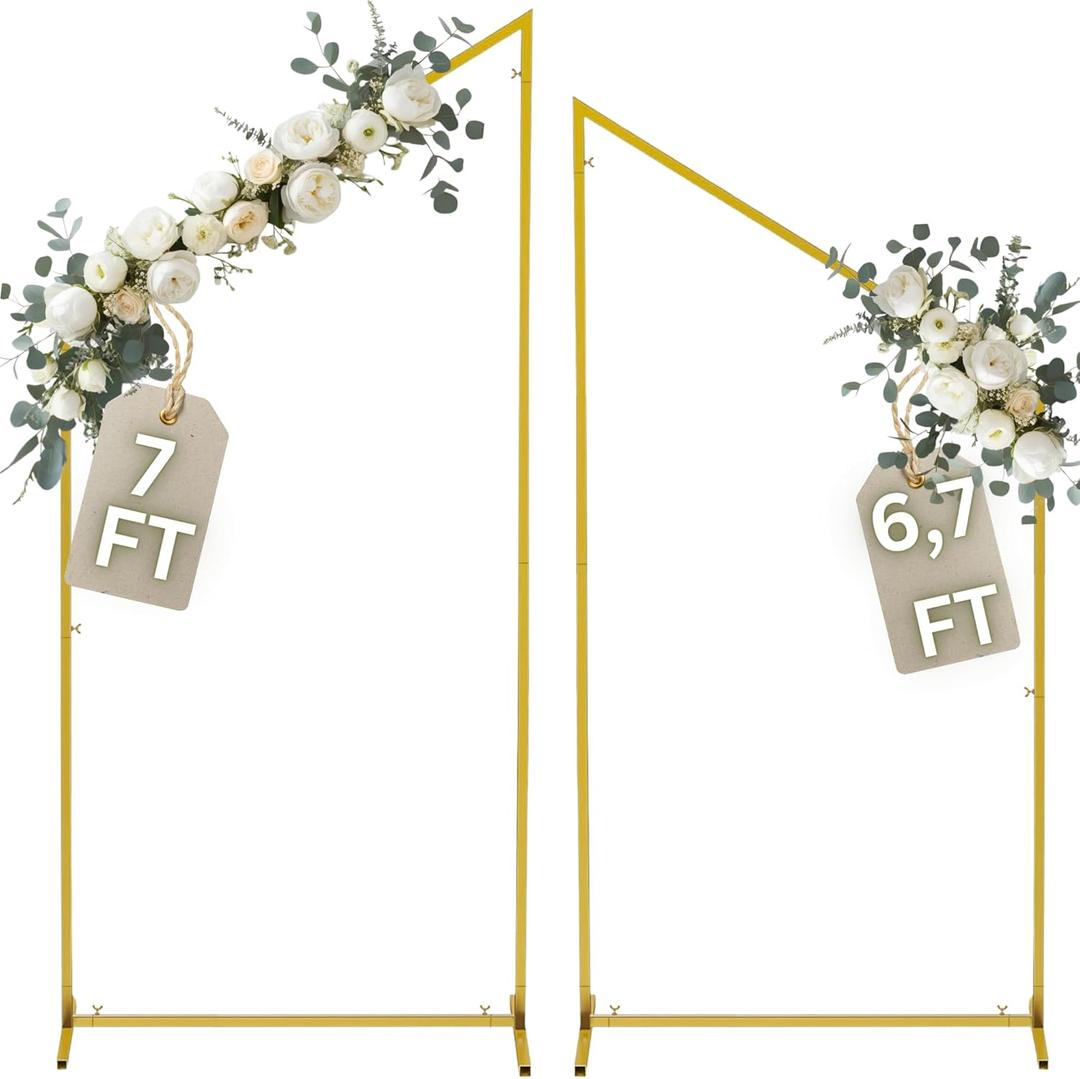 Wedding Arch Backdrop Stand for Parties Set of 2, 7FT/6.7FT Gold Wedding Arches for Ceremony - Reusable Metal Square Balloon Arch Frame for Birthday Party Bridal Baby Shower Graduation Decoration