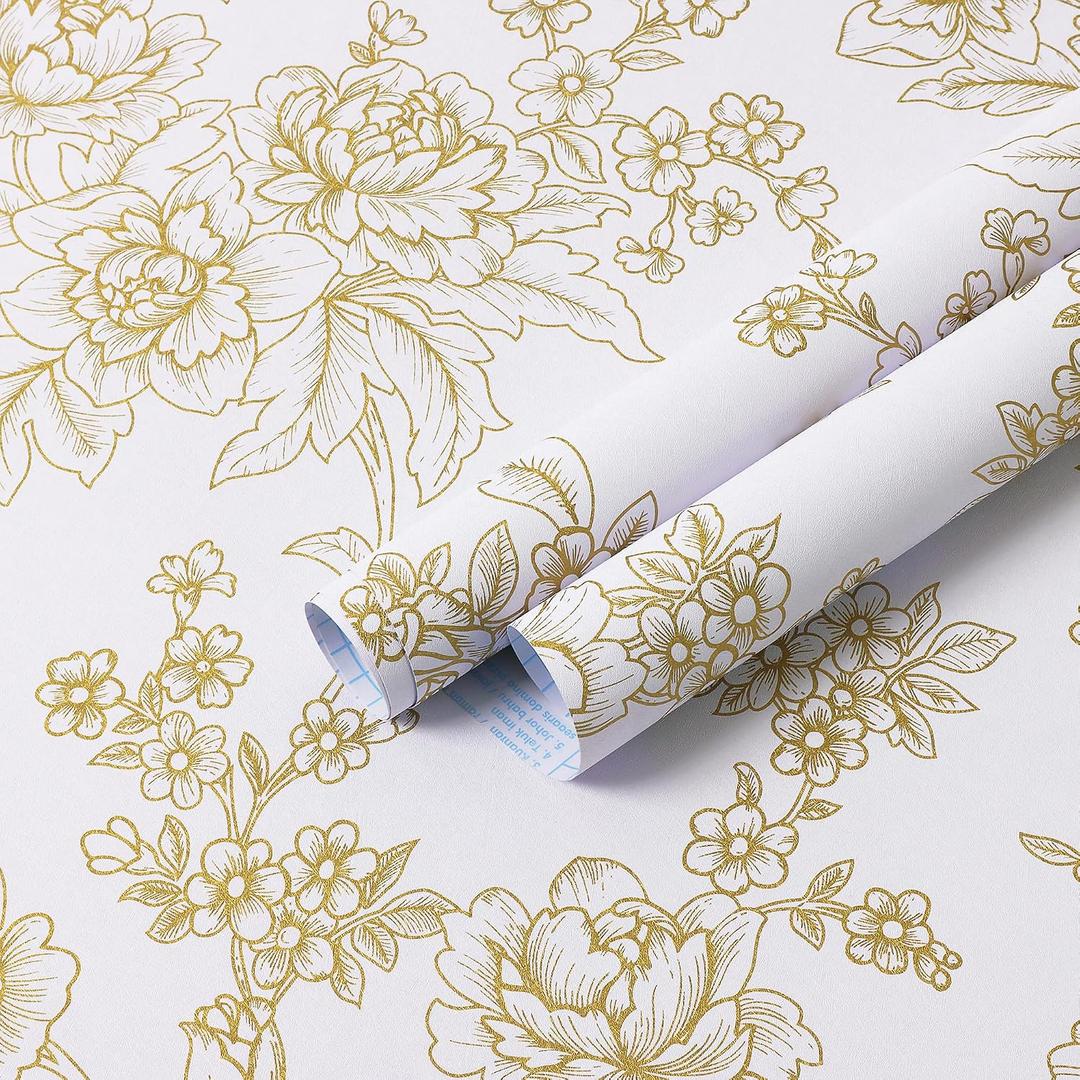 Safiyya Peel and Stick Wallpaper Gold and White Contact Paper Floral Removable Wallpaper Peel and Stick Contact Paper for Walls Vinyl Roll 118"x17.3"
