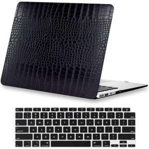 KEROM Compatible with Crocodile MacBook Air 13 inch Case 2021 2020 2019 2018 M1 A2337 A2179 A1932, Textured Elegant Luxury Alligator Skin Snakeskin PU Leather Hard Shell & Keyboard Cover, Black