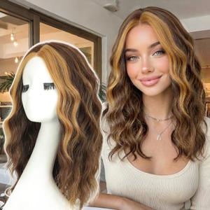 AISI HAIR Wig for Women Medium Length Wave Curly Glueless Synthetic Heat Resistant Hair Wigs for Daily Party Cosplay (Chestnut Brown with Golden Blonde Highlights) (18 Inch)