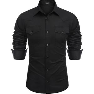 COOFANDY Men's Western Cowboy Shirts Long Sleeve Cotton Casual Button Down Work Shirt with Pockets (Medium)