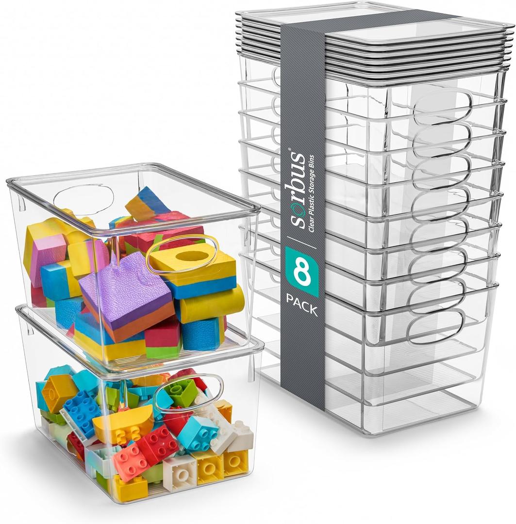 Sorbus Large Clear Plastic Bins with Lids Stackable Organizer for Toys, Clothes, Medicine, Makeup, Closet, Art Supplies, Bathroom, Shoes 8 Pack
