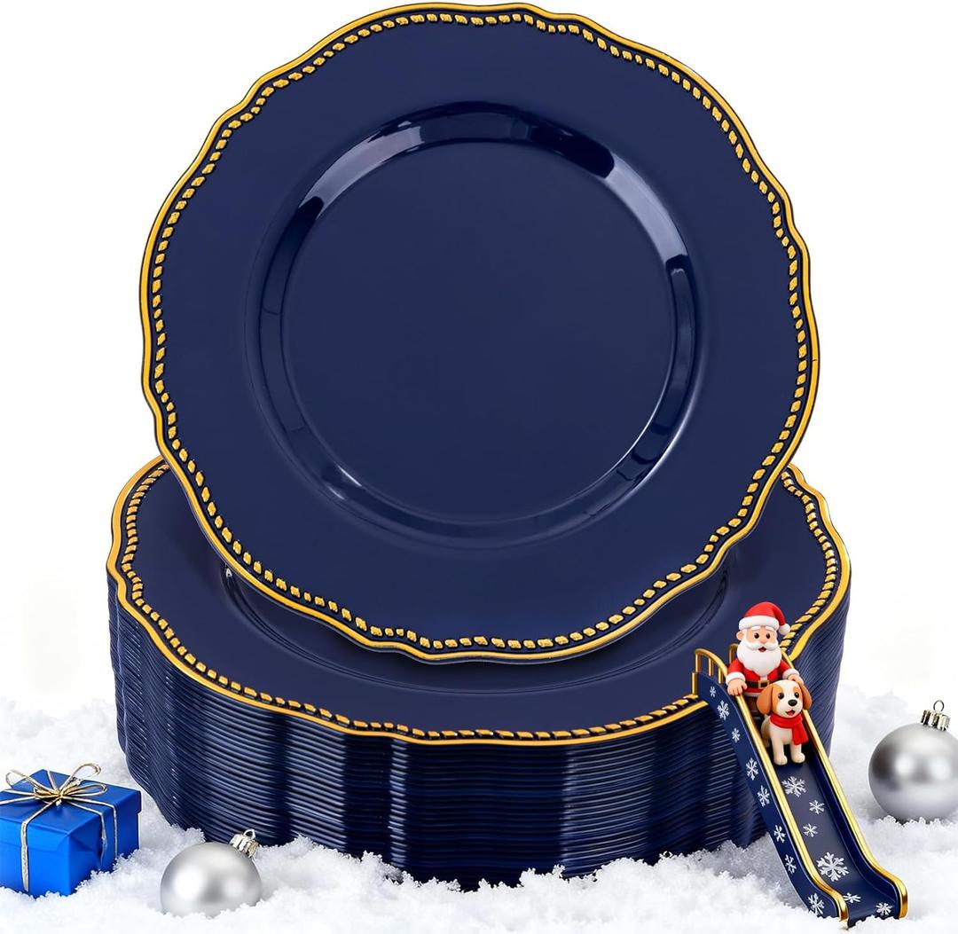 Hioasis 60pcs Blue Plastic Plates - Blue and Gold Disposable Dinnerware with Gold Rim, Heavy-duty, 7.5 inch, Dessert Plates for Party & Christmas