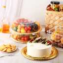 Nitial 12 Pcs Heavy Duty Serving Tray with Clear Lid, Round Elegant Gold Catering Trays Disposable Large Plastic Platters for Fruit Cake Sandwich Food Picnic Party Supplies (12 Inches)