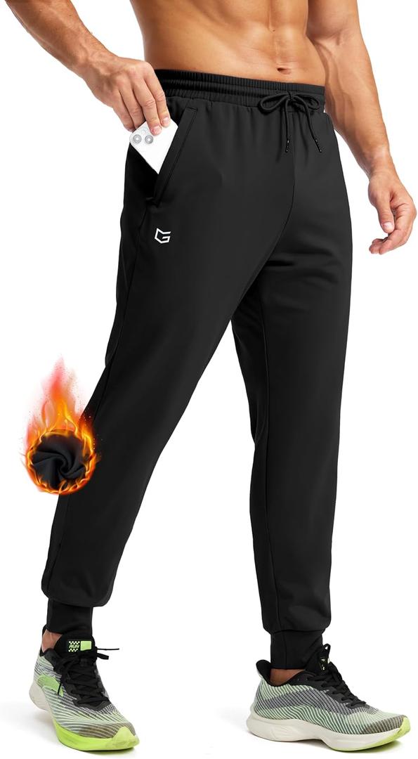 G Gradual Men's Fleece Joggers with Zipper Pockets Winter Warm Pants Water Resistant Athletic Workout Gym Sweatpants for Men (Black, L)