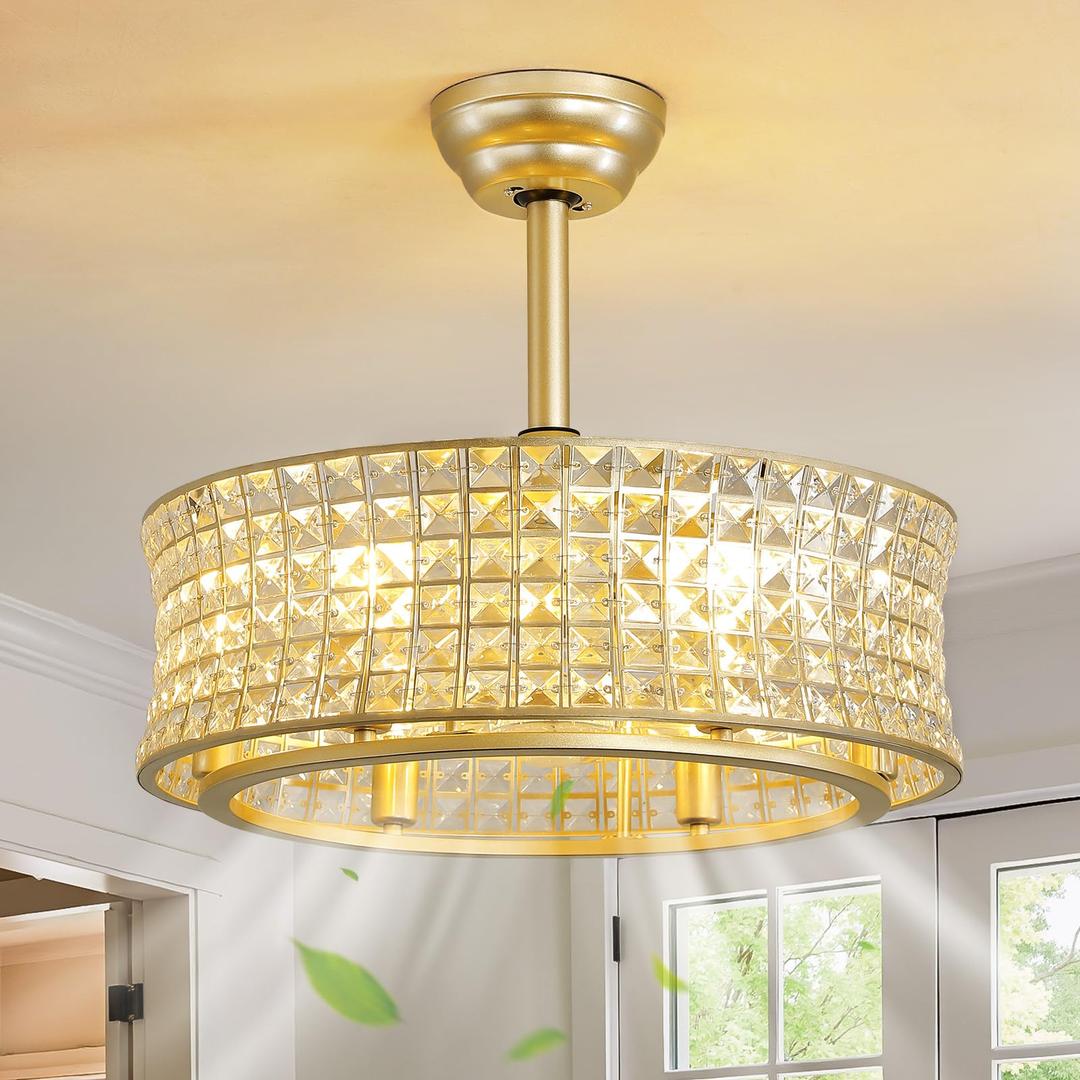 RUIYEY Crystal Ceiling Fans with Lights: 19.7" Fandelier Low Profile Ceiling Fans with Remote Control, 7 Blades 6 Speeds E12 6 Light Caged Flush Mount Ceiling Light Fixtures for Bedroom Kitchen