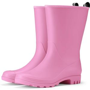 HISEA Women Rubber Boots Wide Calf Rain Boots Matte Surface Waterproof PVC Rubber Rain Boot Mid Height Rain Shoes for Outdoor Gardening Work Walking (7, Pink)