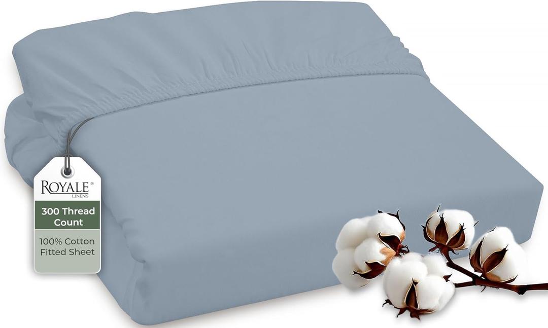 ROYALE LINENS 300 Thread Count 100% Long Staple Combed Cotton Fitted Sheet King - Super Soft Deep Pocket Bottom Sheet - Fitted Sheets Only - Elastic Sheets (King, Lake Blue)