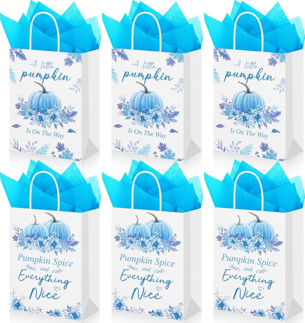 Yexiya 24 Set Thanksgiving Baby Shower Gifts Bags Bulk Fall a Little Pumpkin Is on The Way Bags with Tissue Paper Autumn Baby Shower Gender Reveal Thanksgiving Party Supplies Decorations (Blue)