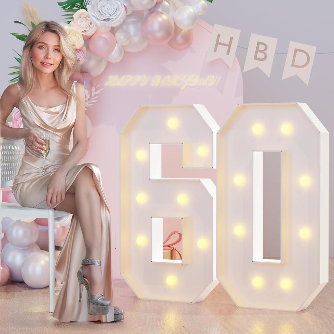 3FT Marquee Light Up Numbers 60th Birthday Decorations for Women Men, Large Marquee Numbers 60 Sixty Years Olds Party Decor, Big Mosaic Numbers Anniversary Decorations