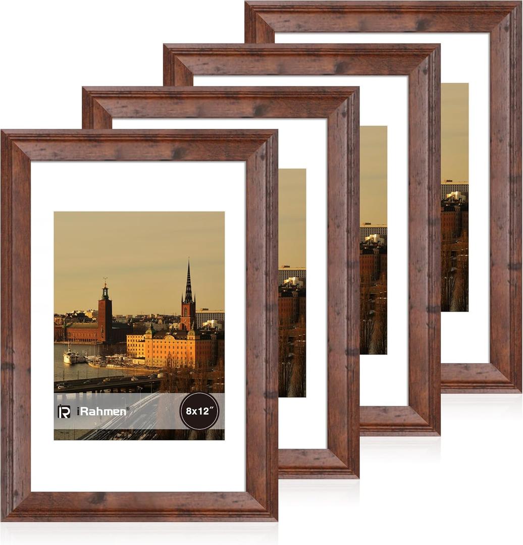 iRahmen 8x12 Vintage Picture Frame with Mat 6x8 - High Definition Real Glass Wooden Photo Frames for Tabletop Display and Wall Mounting (Brown, Set of 4)