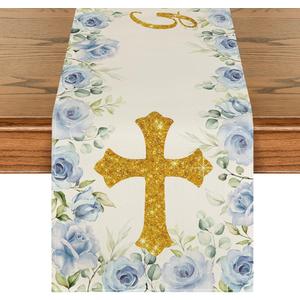 Artoid Mode Blue God Bless Boy Baptism Baby Shower Table Runner, First Holy Communion Christening Holiday Kitchen Dining Table Decoration for Home Party Decor 13x72 Inch