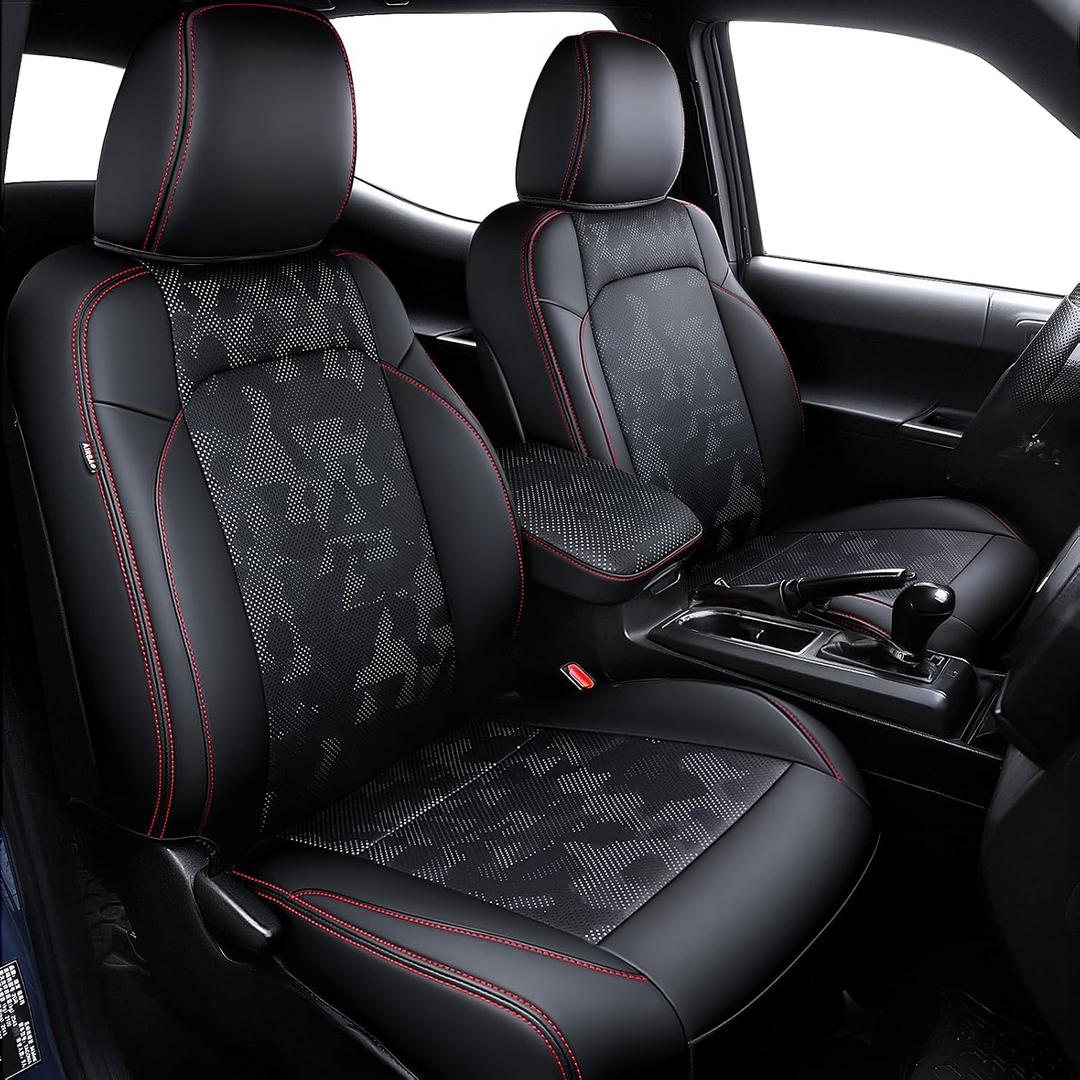 Leather Seat Covers Custom Fit for Tacoma Gen 3rd Double & Crew Cab (2016-2023) - Fully Covered - Fit Like a Glove - Center Console Armrest Covers Included - CamoBlack-Red Stitching