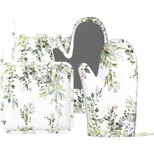 Sage Green Eucalyptus Oven Mitts Pot Holders Set Silicone Kitchen Gloves Watercolor Butterfly Leaves Potholders Non-Slip Heat Resistant for Chef Baking Cooking Grilling 4 pcs Kitchen Mitts