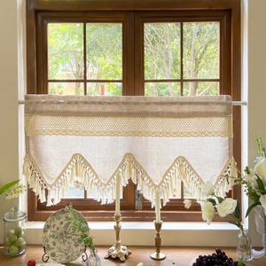 Boho Crochet Lace Valances for Windows Kitchen Macrame Linen Sheer Valances with Tassels Vintage Farmhouse Beige Rustic Crochet Valance for Cafe Dining Room Rod Pocket 1 Panel (Beige,W39 L18 inch)