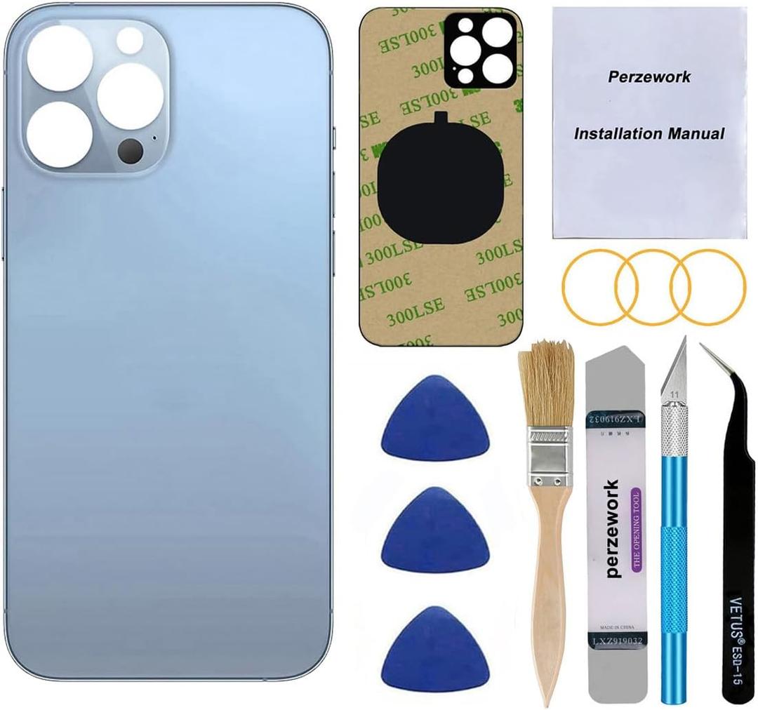 OEM Rear Cover Back Glass Replacement for iPhone 13 pro max 6.7 inch All Carriers with with Installment Manual and Professional Repair Tool Kits, Sierra Blue