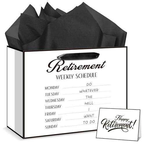 bigniuzi Medium Funny Retirement Gift Bag with Tissue Paper and Greeting Card for Men Women Friend Coworker Teacher Retirement Wrapping Paper Bag for Retirement Party Decorations Supplies