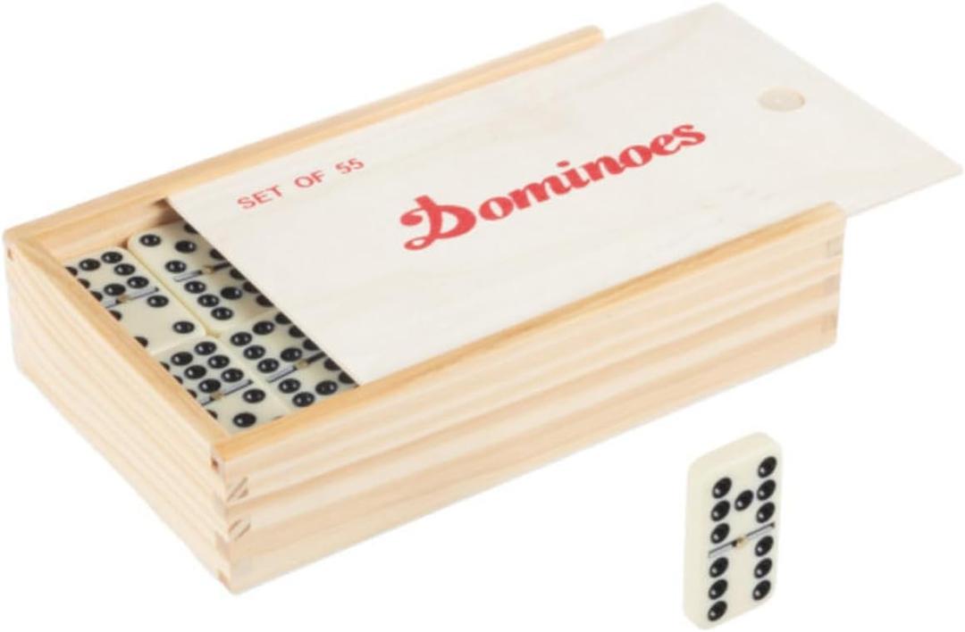 Domino Set with Wood Case - 55 Premium Double Nine Dominoes and Convenient Storage Box - Family Games by Trademark Games (Light Brown)
