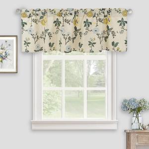 Watercolor Colorful Flowers Linen Valance for Windows, Farmhouse Floral Printed Light Filtering Rod Pocket Small Curtains Valance for Kitchen Cafe Bathroom 54" x 18" Green/Mustard/Blue