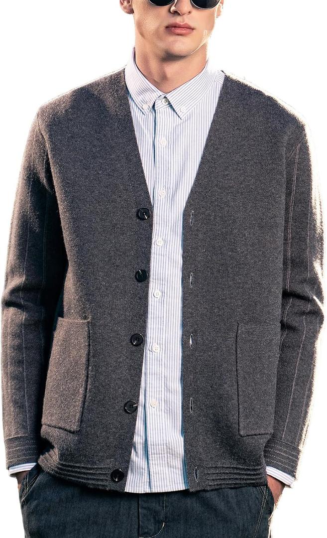 Men's Cardigan Sweater Button Front V-Neck Long Sleeve Knit Sweaters (Gray, 3XL)