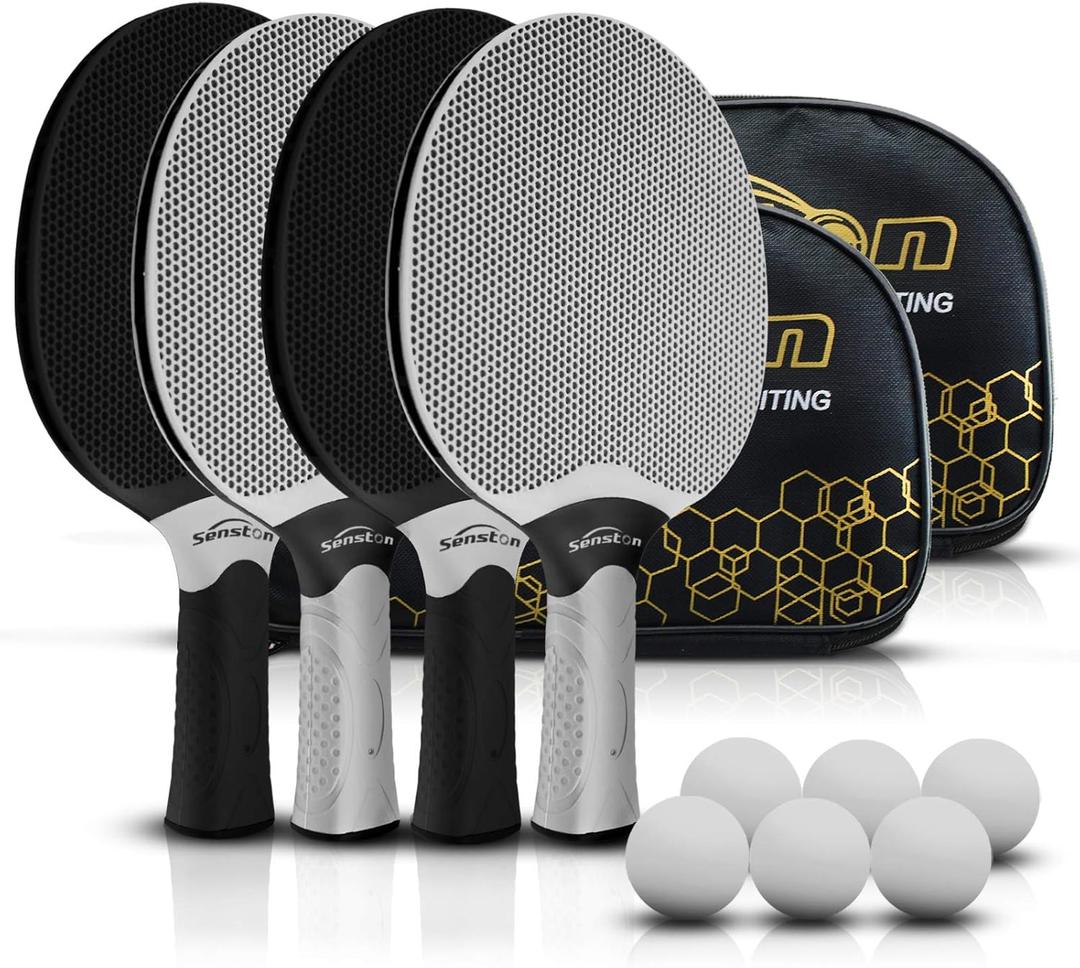 Senston Table Tennis Rackets Set,Professional Ping Pong Paddle Set for 4 Players, Composite Rubber Table Tennis Paddles, Indoor or Outdoor Games. (Black&White)