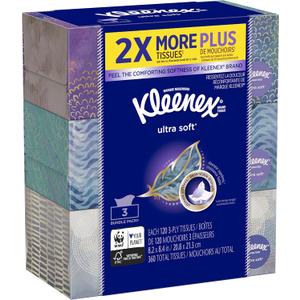 Kleenex Ultra Soft & Strong Facial Tissues, 120 Tissues per Flat Box, 3 Pack