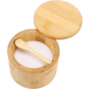 Natural bamboo Salt and Pepper Bowl, Bamboo Salt Cellar and Spices Storage Box With Built-in Spoon and Magnetic Swivel Lid (Single Compartment)