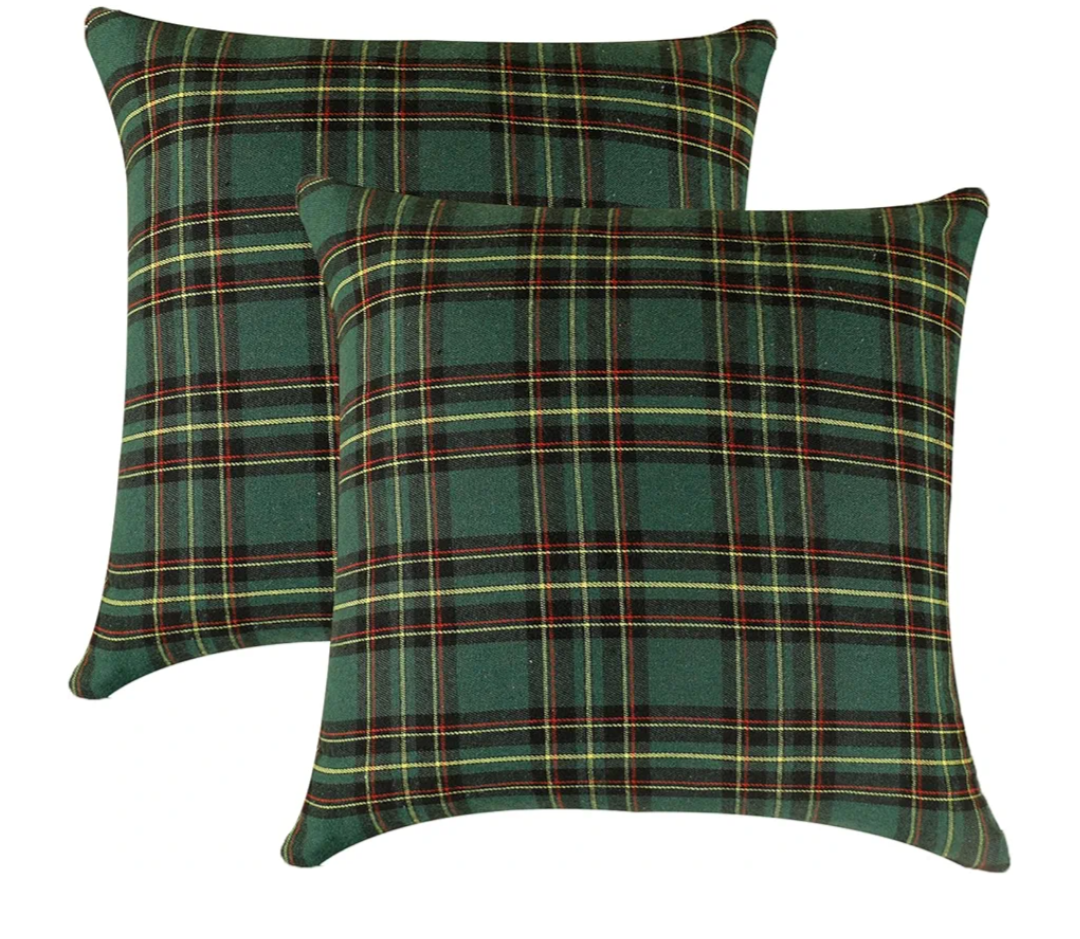 Pack of 2 Christmas Plaid Pillow Covers Decorative Sofa Cushion Tartan Throw Pillow Covers for Farmhouse Home Holiday Christmas Decorations Indoor Green, 18 x 18 Inches