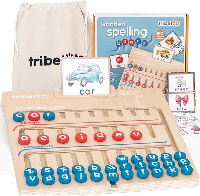 Montessori Learning Toy for 4 Year Old Kids and up | Wooden Educational Alphabet Board with Flashcards | PreK Essentials for Reading & Spelling. Great Homeschool CVC Word Game Gift for Boys & Girls