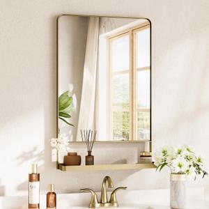 TETOTE Gold 18x28 Inch Wall Mirror with Shelf for Wall, Rounded Rectangle Door Mirror, Metal Framed, Gold Bathroom Vanity Mirror, Bathroom Mirror for Farmhouse, Living Room, Bedroom,Entryway