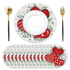 Tarklanda 50 Pcs Valentines Love Heart Placemats Round 13.4 Inch Disposable Eucalyptus Leaf Paper Table Mats for Kitchen Dining Decor Wedding Anniversary Birthday Party (Green Eucalyptus Love)