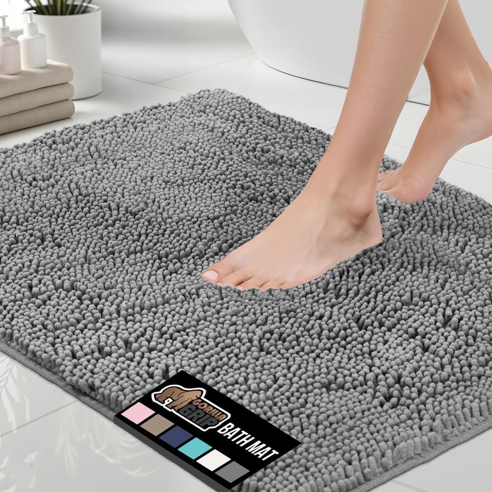 GORILLA GRIP Bath Rug Mat, Thick Soft Absorbent Chenille, Quick Dry Microfiber Mats, Rubber Backing Washable Shower Floor Rugs, US Designed Bathroom Bathmat Home Decor Accessories, 24x17, Grey