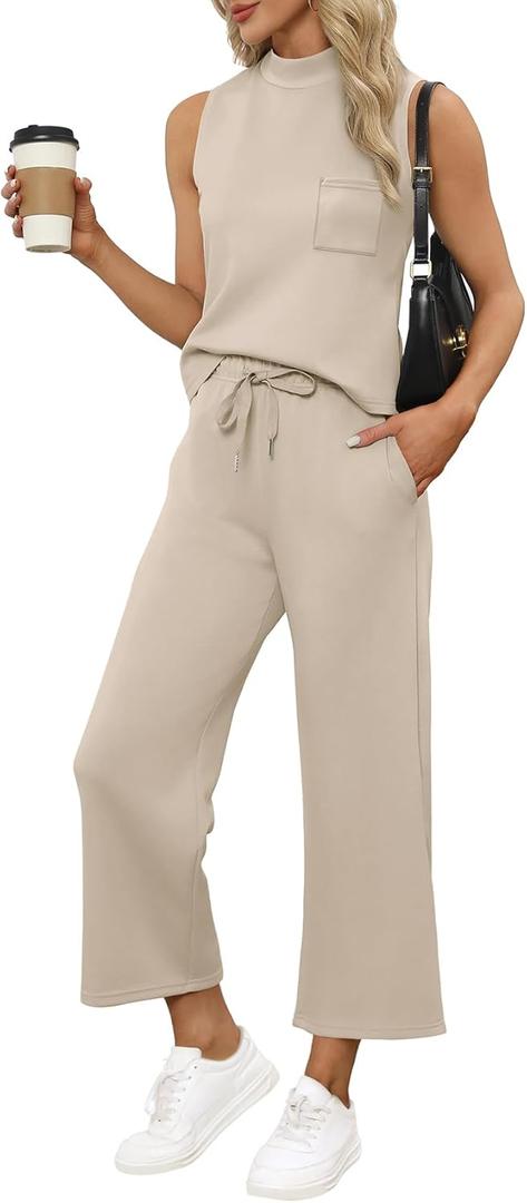 WIHOLL 2 Piece Sets for Women Summer Travel Vacation Outfits Casual Mock Neck Wide Leg Crop Pants Lounge Sets (Large, Beige)