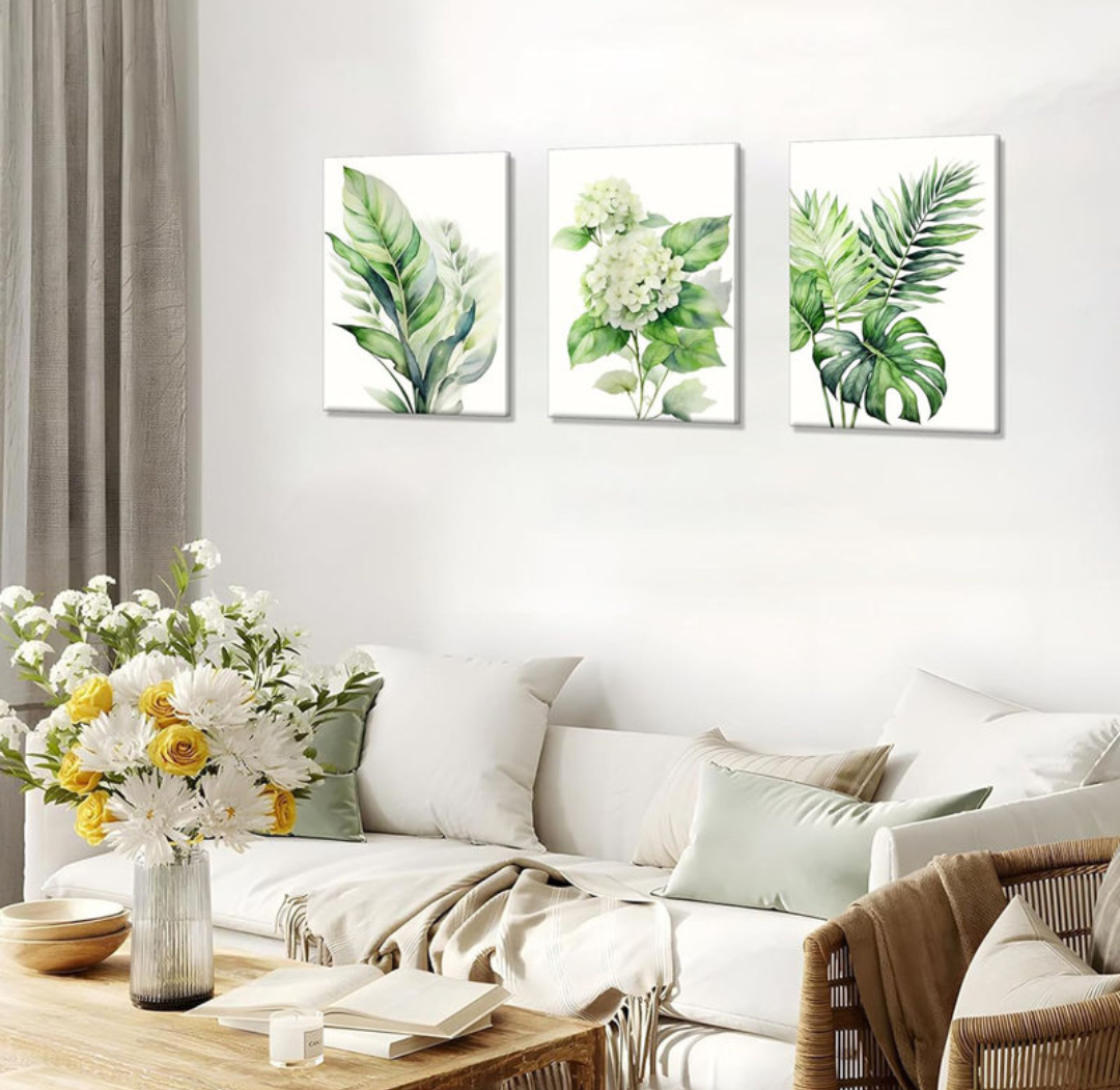 3Pcs Framed Green Floral Plant Wall Art Tropical Leaves Canvas Prints Poster Bohemian Floral Plant Paintings Pictures Modern Minimalist Home Decoration Bathroom Bedroom Living Room Wall Decor