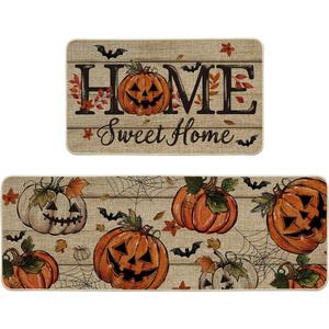 Artoid Mode Home Sweet Jack-O'-Lantern Pumpkin Halloween Kitchen Mats Set of 2, Low-Profile Decor Kitchen Rugs for Floor - 17x29 and 17x47 Inch