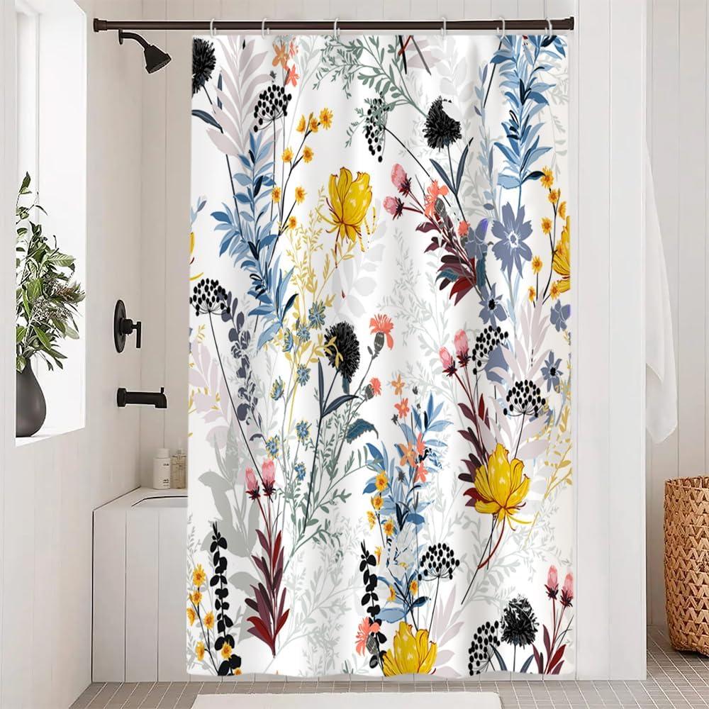 Floral Shower Curtain, Yellow and Blue Wild Flower Shower Curtain Set for Bathroom Waterproof Fabric Spring Bathroom Curtain with Hooks, 48x72 Inch