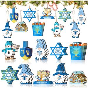 30 Pieces Hanukkah Ornaments for Tree Wooden Chanukah Hanging Ornaments Menorah Gnomes with Rope Star of David Crafts Dreidel for Jewish Christmas Holiday Party Room Wall Home Decoration, 10 Styles