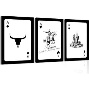 3Pcs Western Cowboy Canvas Wall Art Rustic Southwestern Poster Retro Western Aesthetic Pictures Playing Card Prints Longhorn Bull Skull Painting Cactus Wall Decor for Bedroom Living Room Framed (black and white)