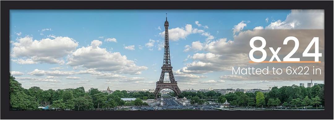 upsimples 8x24 Picture Frame, Display Pictures 6x22 with Mat or 8 x 24 Without, Wall Hanging Photo Frames, Black, 1 Pack