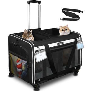 Petskd Large Rolling 2 Compartments Pet Carrier for 2 Cats or a Medium Dog, 24"X 17"X 15" Double Cat Carrier with Wheels and Locking Safety Zippers for Vet, Walk, Car Travel(Black)