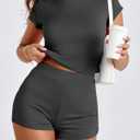 BARASA Women's Two Piece Stretchy Tracksuit Sets Casual Short Sleeve T Shirt Workout Set 2026 Summer Solid Slim Fit Cute Shorts Outfits D073 Dark Grey S (S)