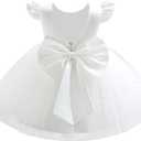 IDOPIP Flower Girl Bowknot Tutu Dress for Kids Baby Princess Wedding Bridesmaid Birthday Party Pageant Baptism Dresses (18-24 Months, White - V-back Bow)