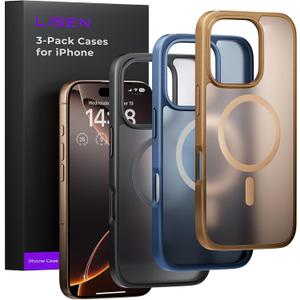 LISEN 3 in 1 Magnetic Shockproof for iPhone 16 Pro Case Slim [Fit for MagSafe][Military Grade Drop Protection] Translucent Matte Phone Case for i Phone 16 Pro, Black, Brown, Blue
