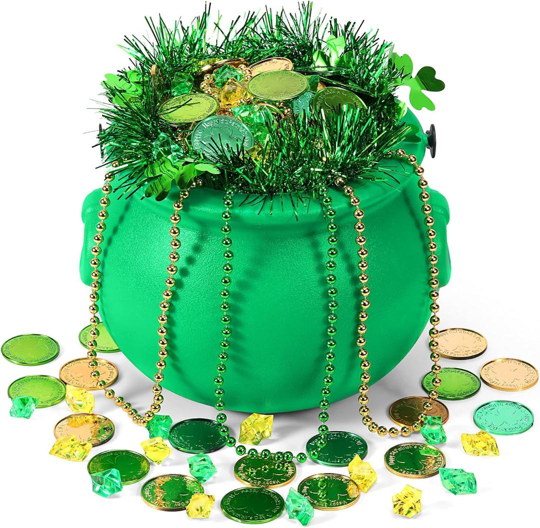 Sratte 308 Pcs St Patrick's Day Candy Cauldron Kettle with Handle Set, Pot of Gold Shamrock Coin Gem Leprechaun Clover Necklace Lucky Jewelry Treasure for Table Decor Centerpiece(Retro,Green)